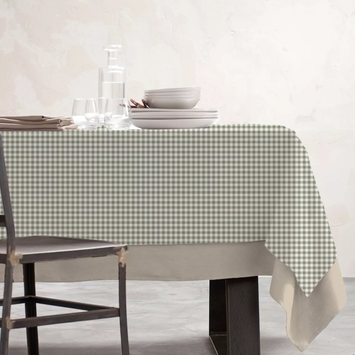 Nappe rectangulaire coton enduit (150 x 250 cm) Vichy Vert sauge