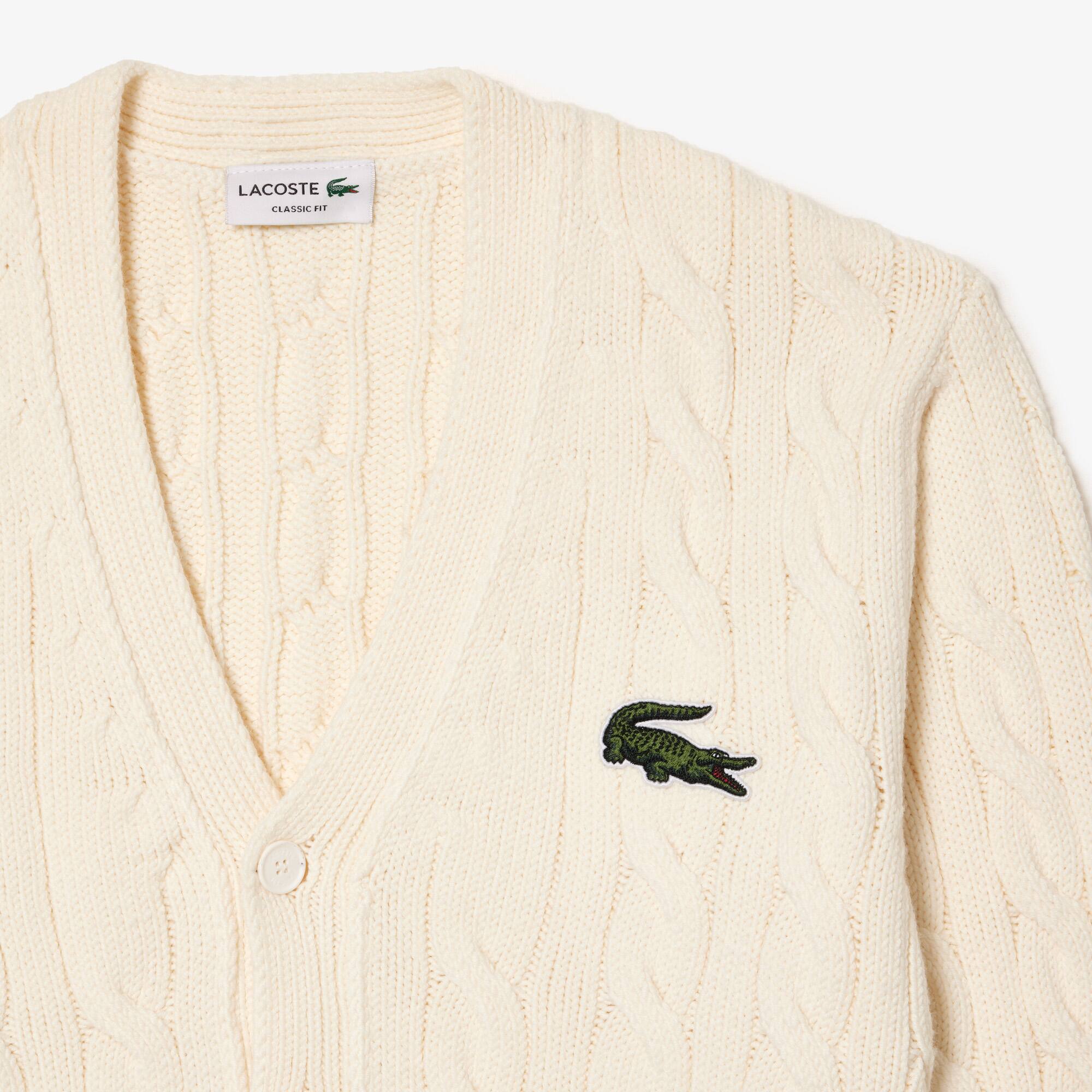Cardigan en laine torsadée avec rayures Pullovers - Blanc - Lacoste - Unisex