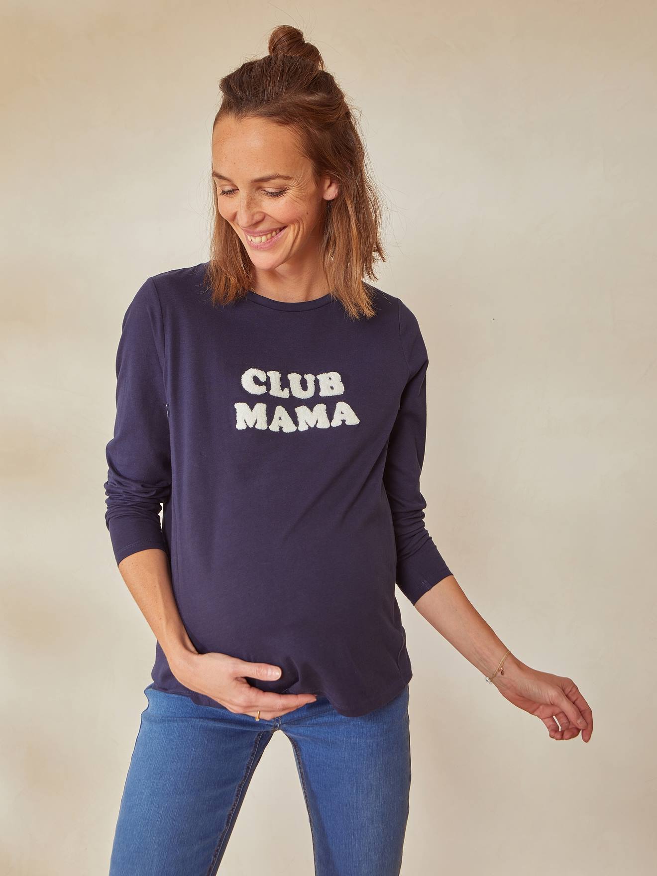 Camiseta lisa azul-escura de algodão orgânico para gestantes e lactantes com mensagem