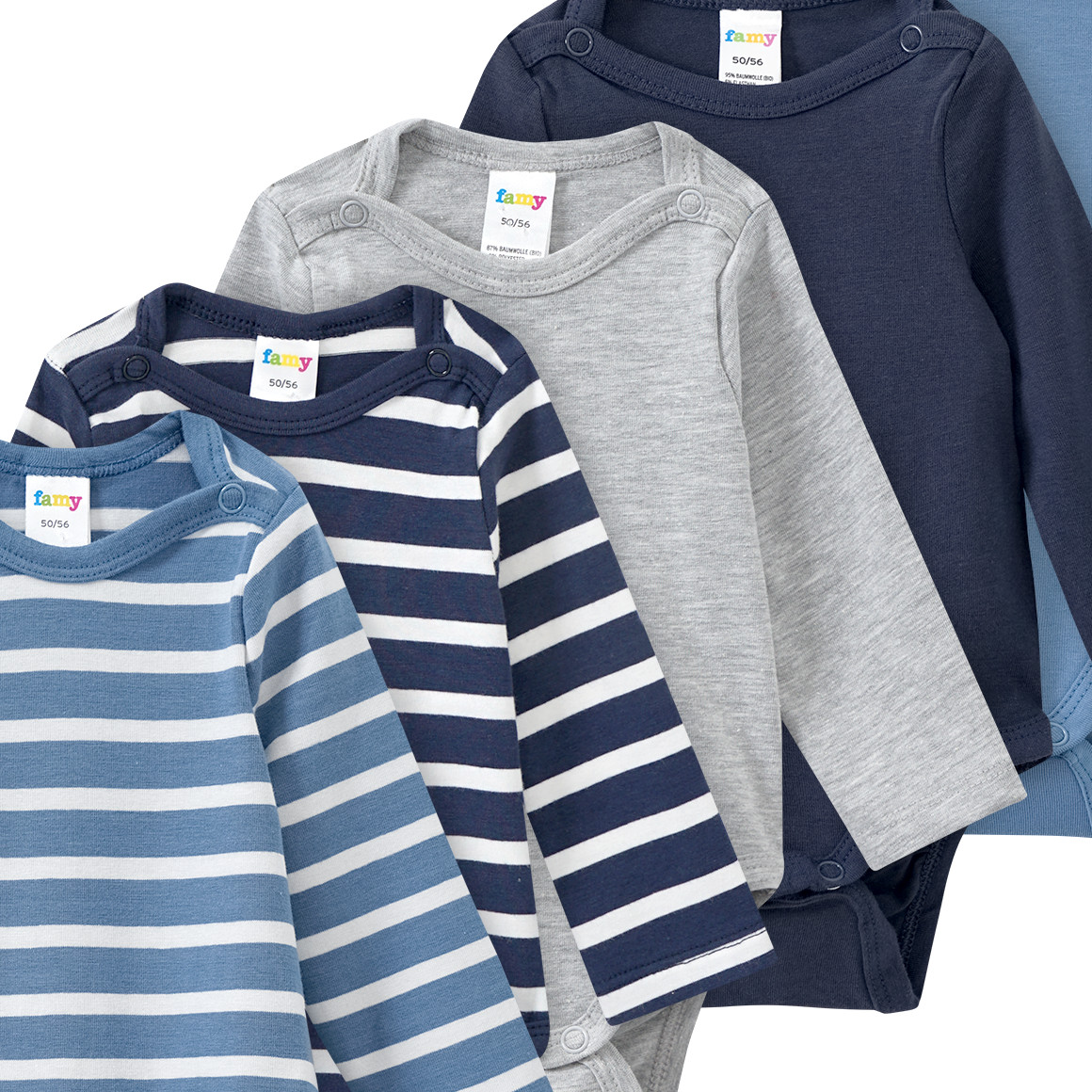 Famy 5 Baby Bodys mit Bio-Baumwolle blau / dunkelblau / weiss
