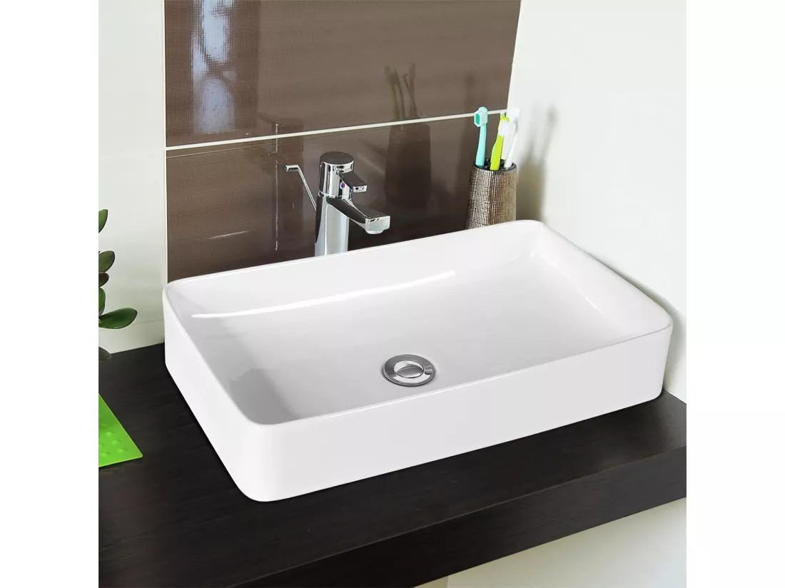 Vasque à Poser en Porcelaine Blanc, Lavabo Salle de Bain 60 x 35 x 11 cm, Lavabo Céramique Rectangulaire avec Vidange Escamotable, pour Maison, Restaurant, Hôtel