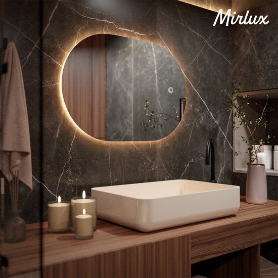 Mirlux badkamerspiegel met ledverlichting, ronde wandspiegel, anticondens douchespiegel, 90x60cm
