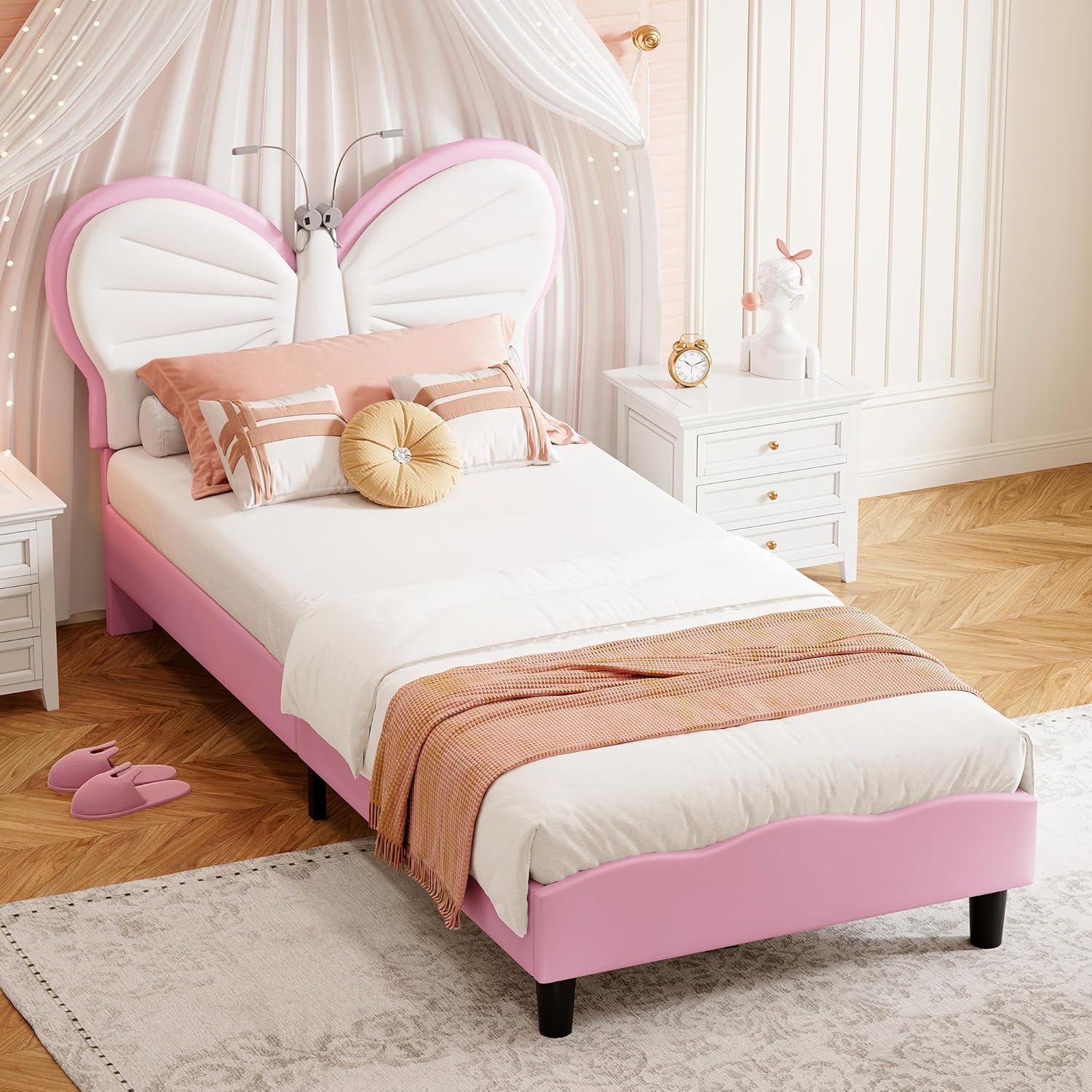 Kinderbett 90x200 cm, LED Einzelbett Gepolstertes Bett mit lattenrost für Mädchen, Polsterbett Jugendbett mit verstellbarem Kopfteil für Kinderzimmer, ohne Matratze (Rosa Schmetterling)