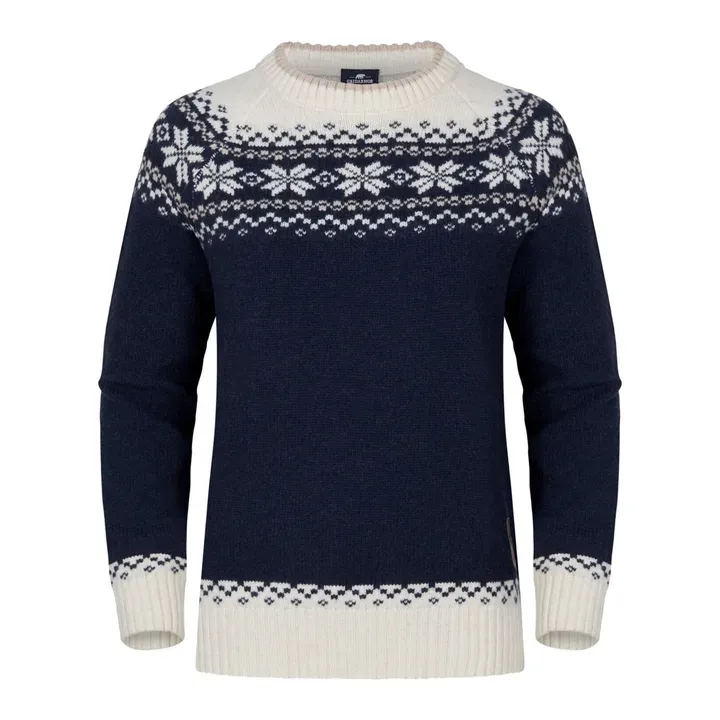 Gridarmor Women’s Snøkrystall Round Neck Ullgenser Navy Blue/Beige/White