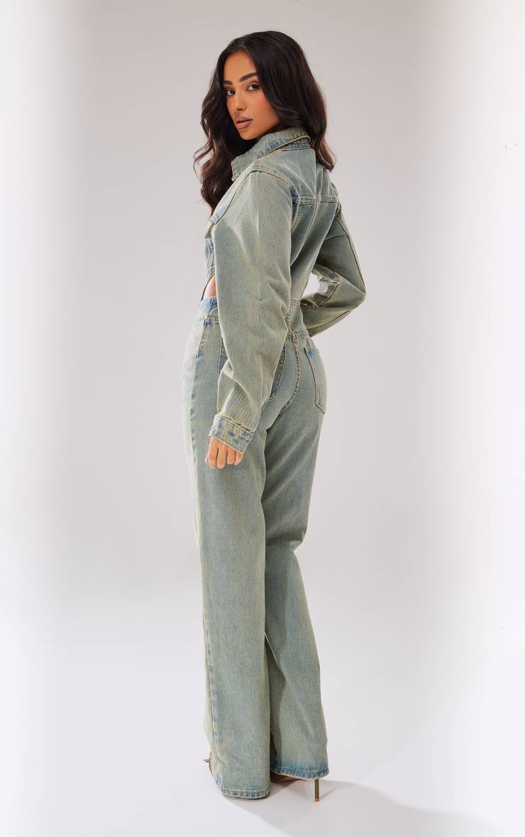 Délavage Vintage Combinaison En Denim À Découpes Petite Taille