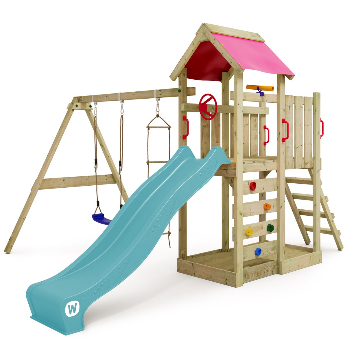 WICKEY MultiFlyer Speeltoren Klimrek met Schommel en Glijbaan, Klimtoren met Zandbak, Ladder en Speelaccessoires - Turquoise