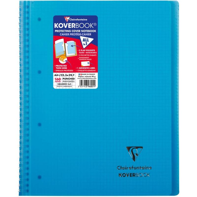Cahier reliure intégrale enveloppante Koverbook A4+ 160 pages petits carreaux détachables perforé 4 trous couverture polypropylène t ransparent - Assortis
