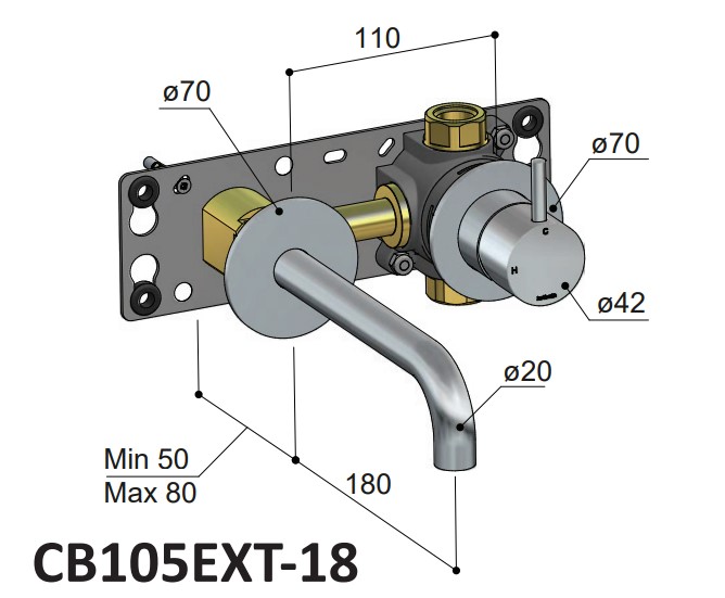 Hotbath Cobber 2-gats inbouw wastafelkraan 18cm gepolijst messing PVD