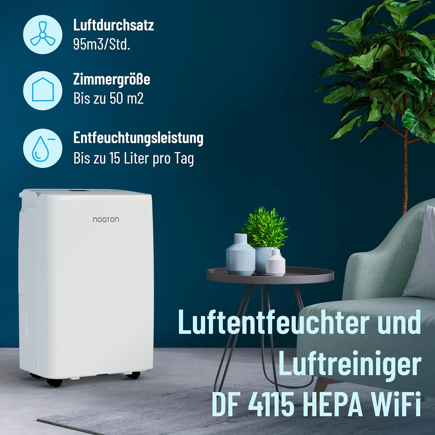 Noaton® DF 4115 WiFi HEPA Smart Luftentfeuchter und Luftreiniger, 15L/24H, 3 Jahre Garantie, 5 Modi, Leise, App, Timer, mit Ablaufschlauch, 2,2 L-Wassertank, für Raum 50 m2, Schlafmod