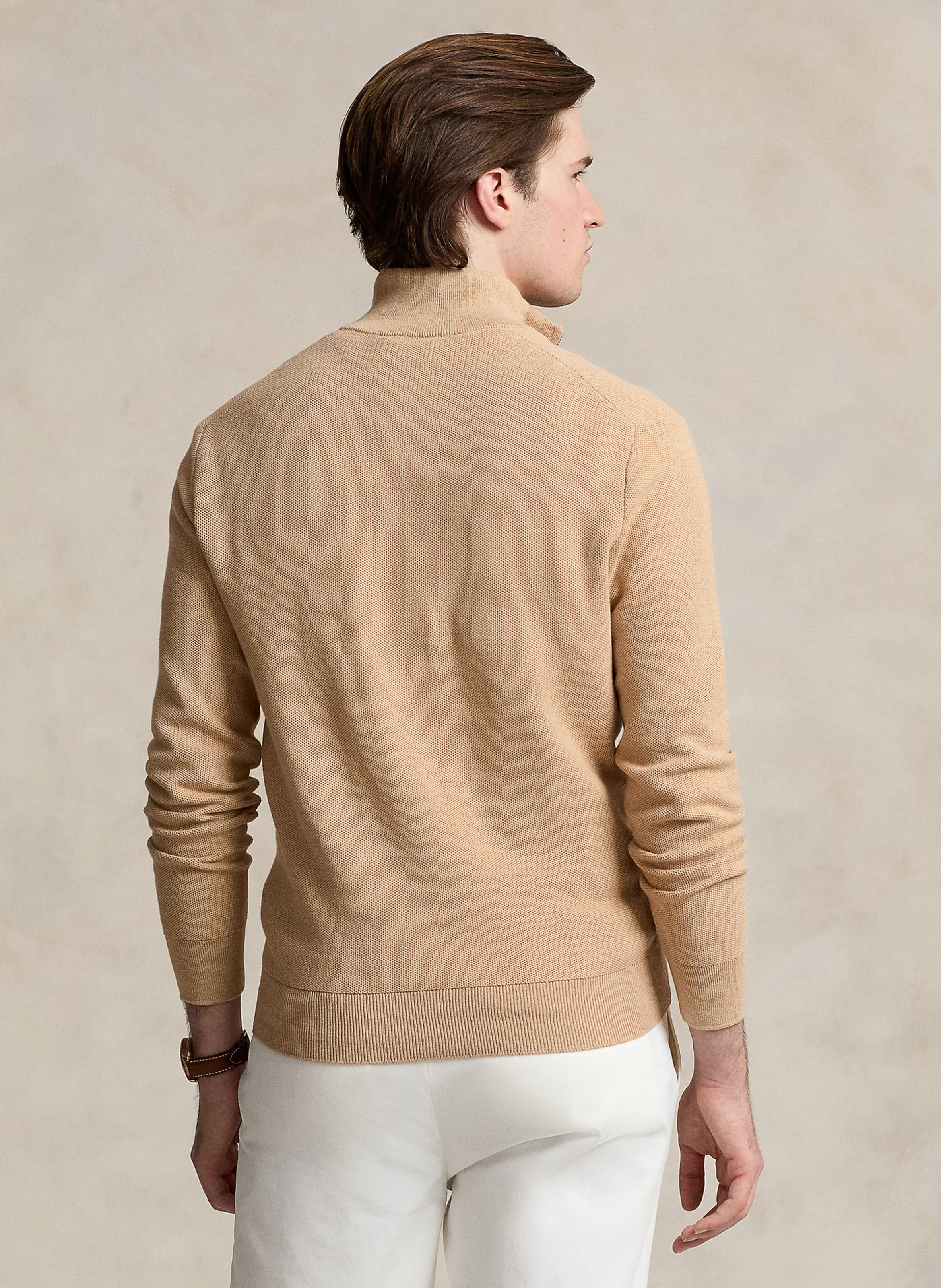 Pull col montant zippé en coton piqué | Beige