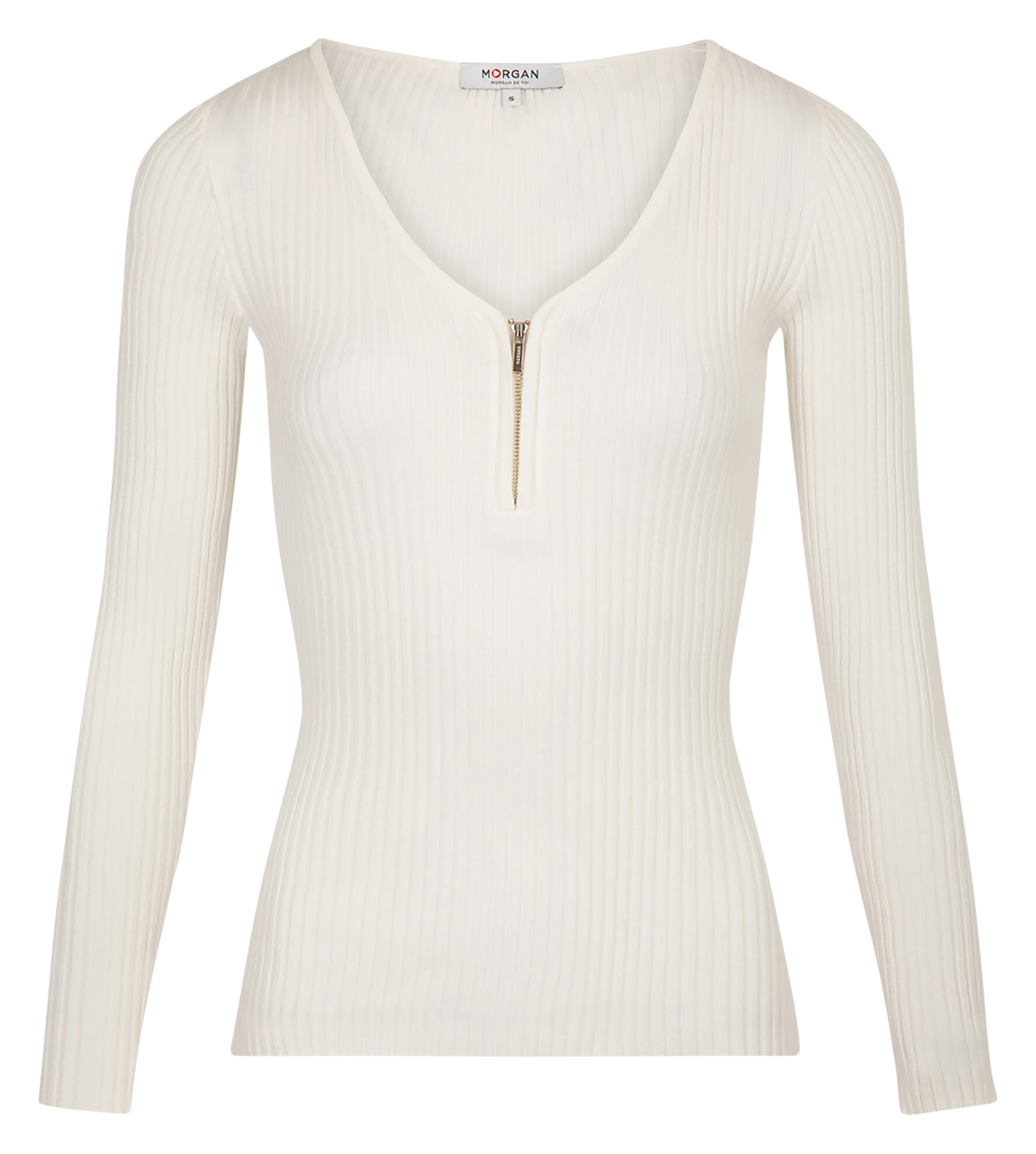 Pull col V zippé en maille côtelée | Blanc
