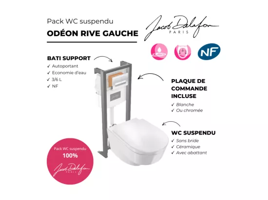 Pack WC suspendu sans bride JACOB DELAFON Odéon Rive Gauche + bâti support + plaque blanche