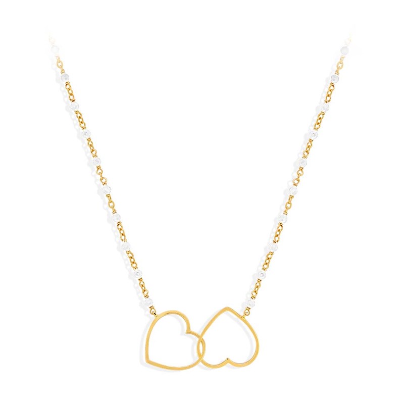 Collier Argent Doré Double Coeur Et Pierre Blanche