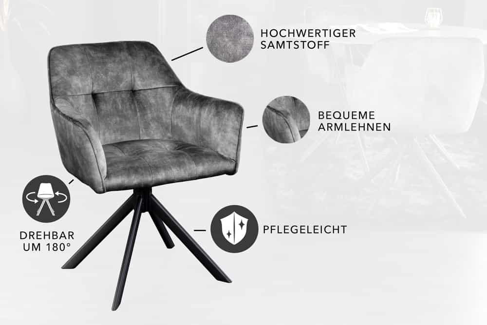 Design Stuhl LOFT dunkelgrau Samt drehbar Metallgestell schwarz mit Armlehne