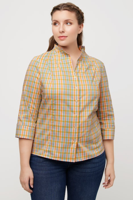 Bluse, Karo, Slim, Kelchkragen, V-Ausschnitt, 3/4-Arm