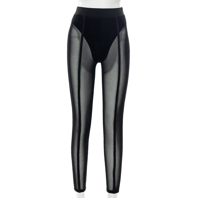 (Gr. M) Transparente High Waist Mesh Pole Leggings Elastische Netz Stretch Hosen - Schwarz
