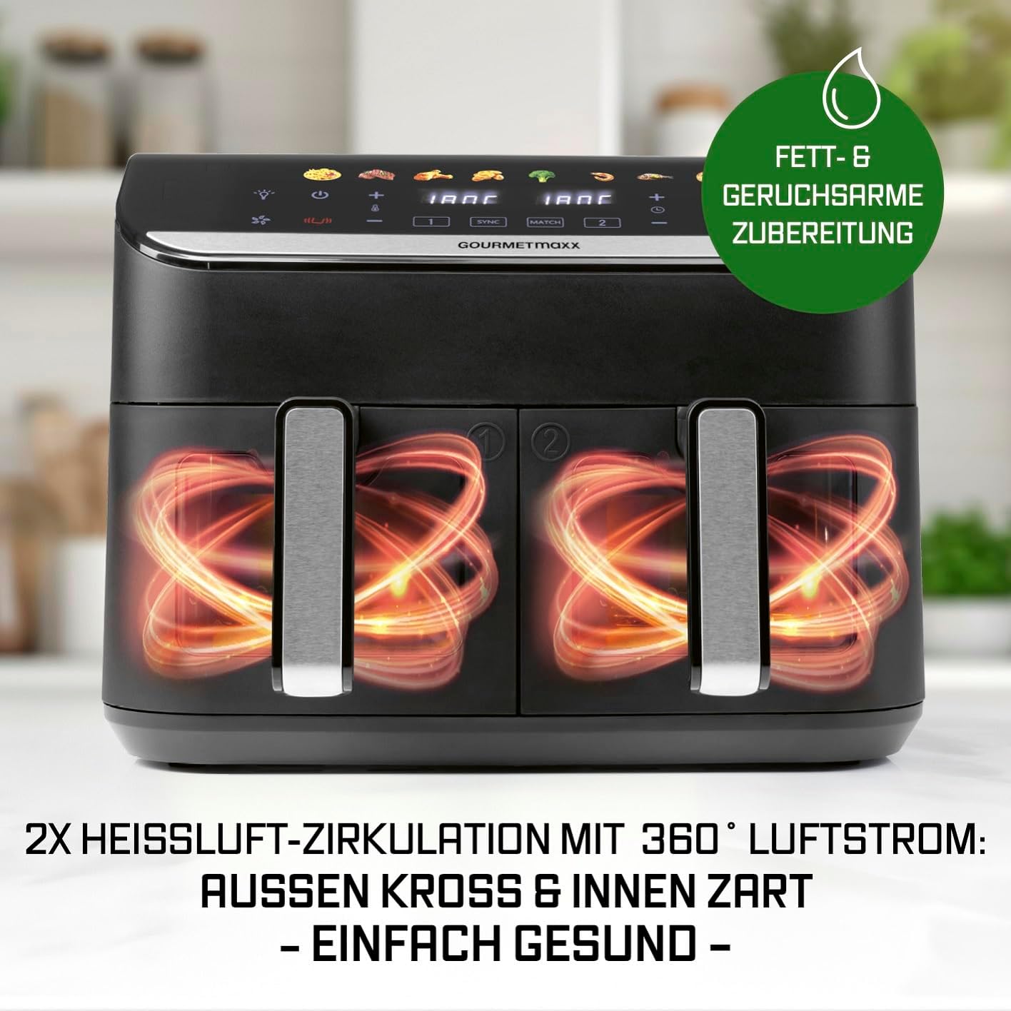 GOURMETmaxx AirGenius Heißluftfritteuse, 9 L - 2 x 4,5 L Airfryer | Fritteuse mit 8 Programmen | Heißluftfritteuse 2 Kammern - 2 Speisen gleichzeitig, für max. 8 Personen | Multi-Color Touchscreen