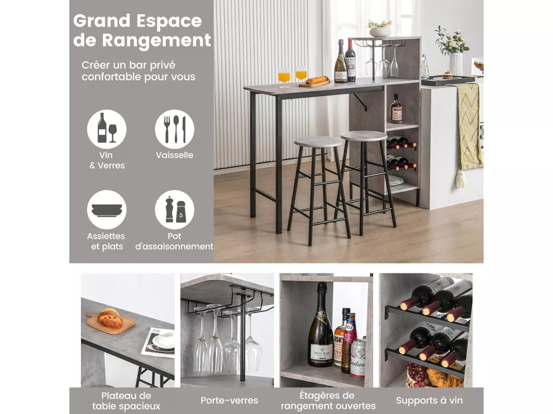 Table Haute Cuisine avec Tabouret, avec Porte-Verre Porte-Bouteilles, Table Bar avec Tabouret 2 Personnes Compact, Gris