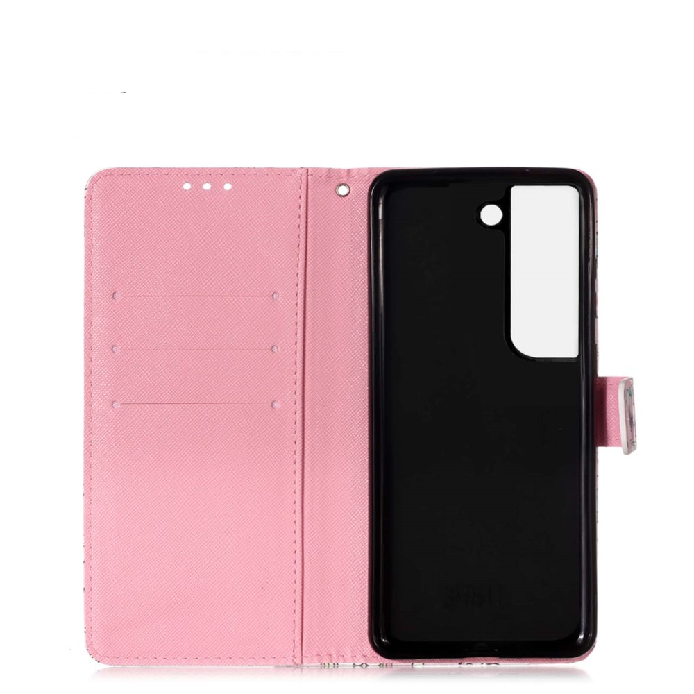 Samsung Galaxy S22 5G Leder Tasche Flipcase mit Kartenfach   Handschlaufe - Pink Flower