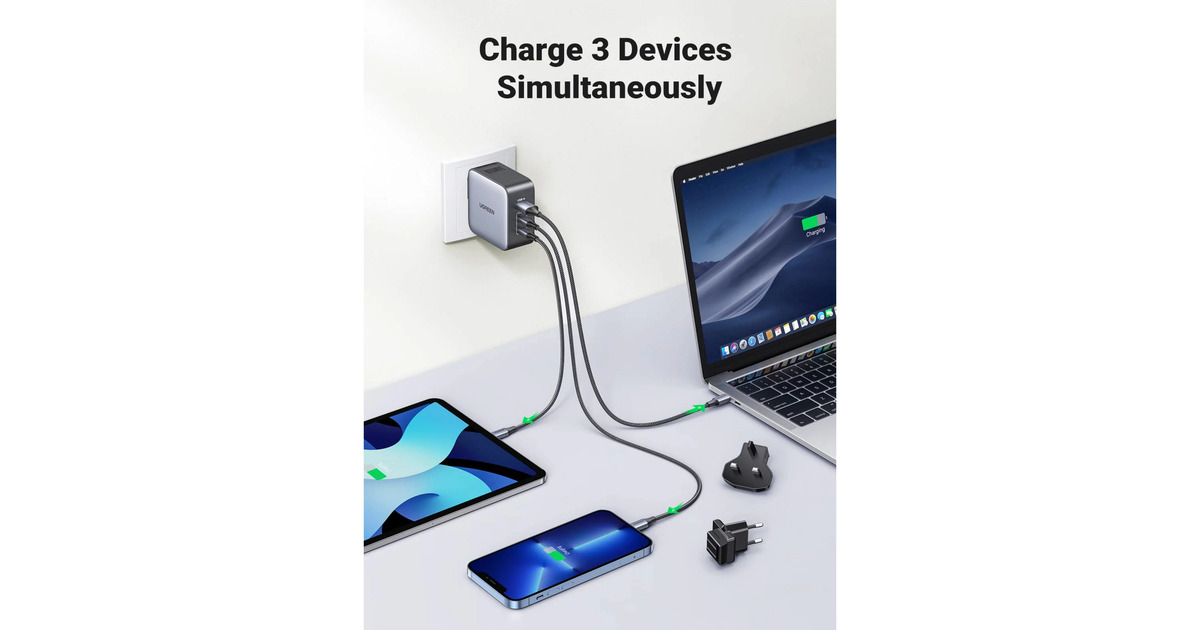 UgreenNexode 65W USB C GaN Oplader met 3 poorten met EU/US/UK Stekker  (Zilver/zwart)