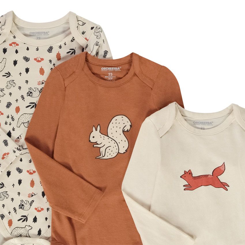 Lot de 7 bodies manches longues animaux pour bébé garçon avec ouvertures différentes selon l'âge - Ecru