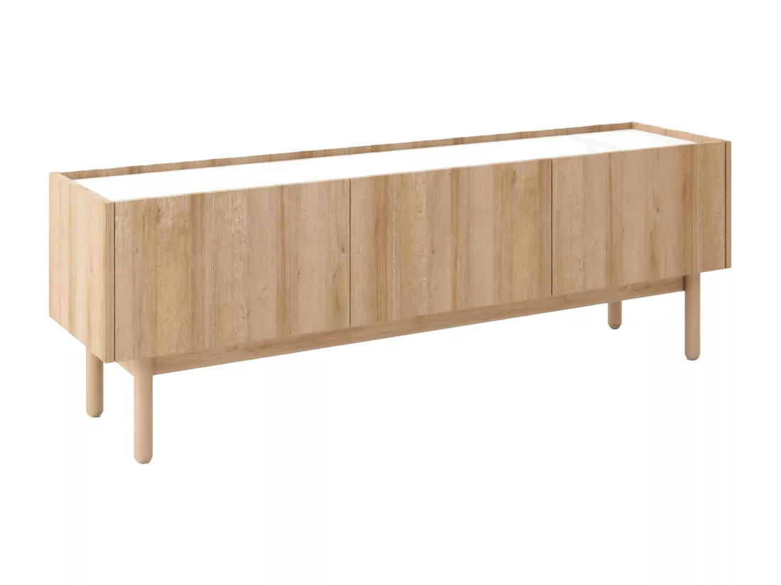 Meuble TV avec 3 portes - Naturel clair et effet marbre blanc - SITOLI