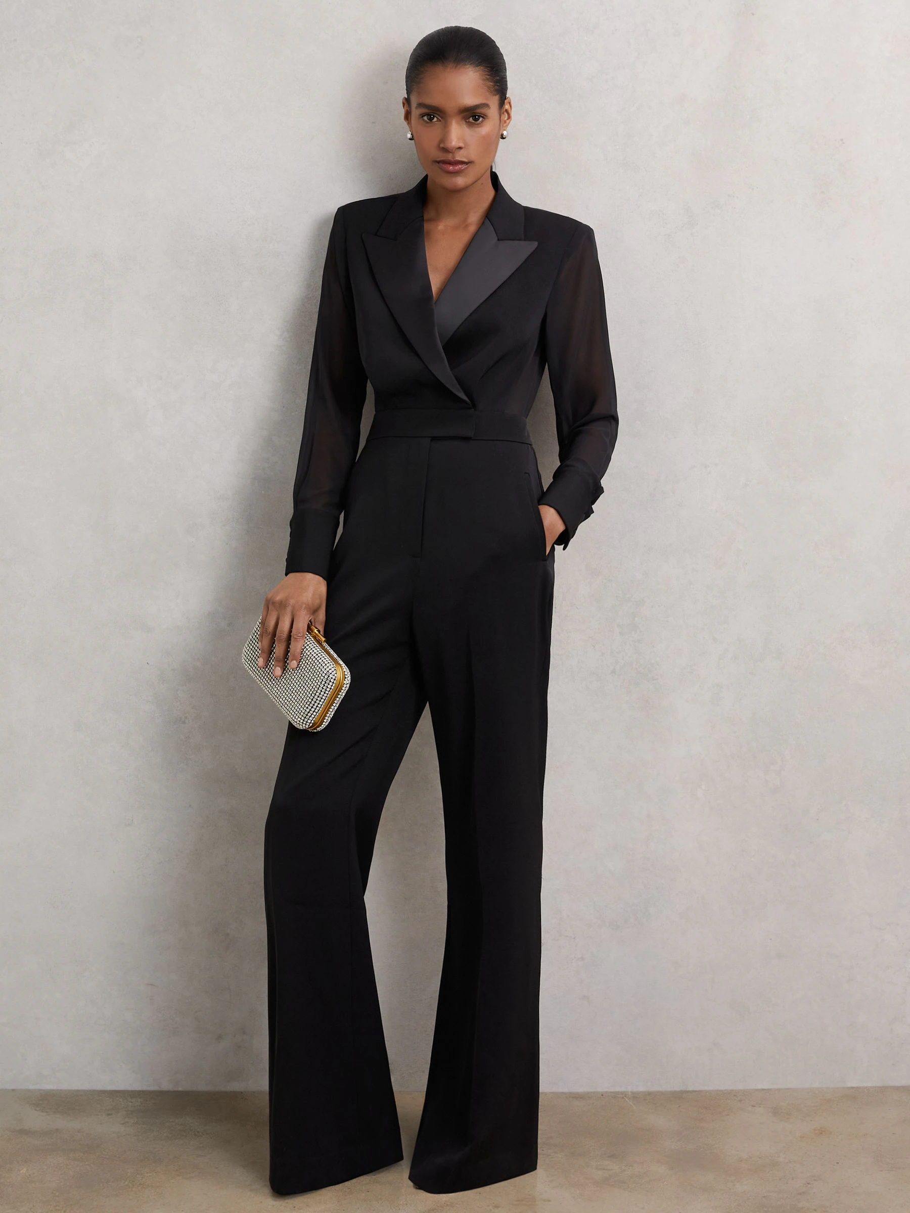Reiss Perla Sheer-Sleeve Tuxedo Jumpsuit