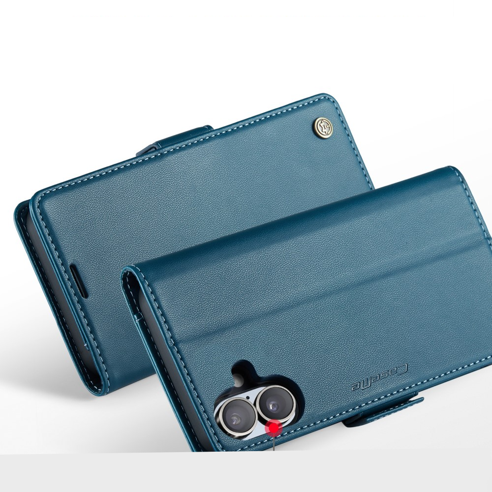 iPhone 16 Leder Tasche Flip Wallet Etui mit Kartenfächern Litchi Look (RFID Schutz) - Blaugrün