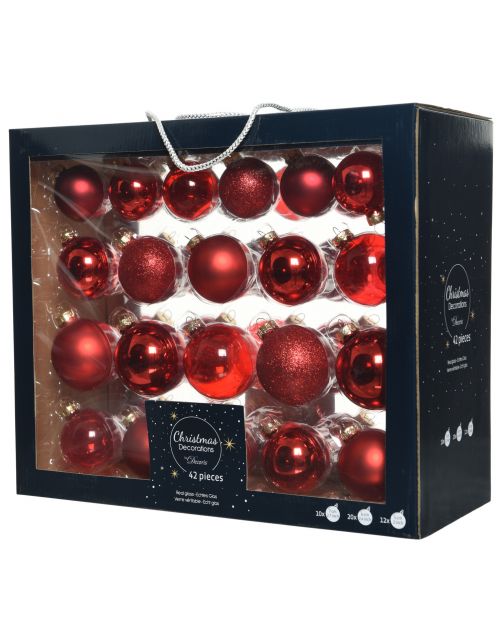 Decoris Kerstballen Glas Mix - Kerstboomversiering - Ø5-7 cm Rood 42 stuks