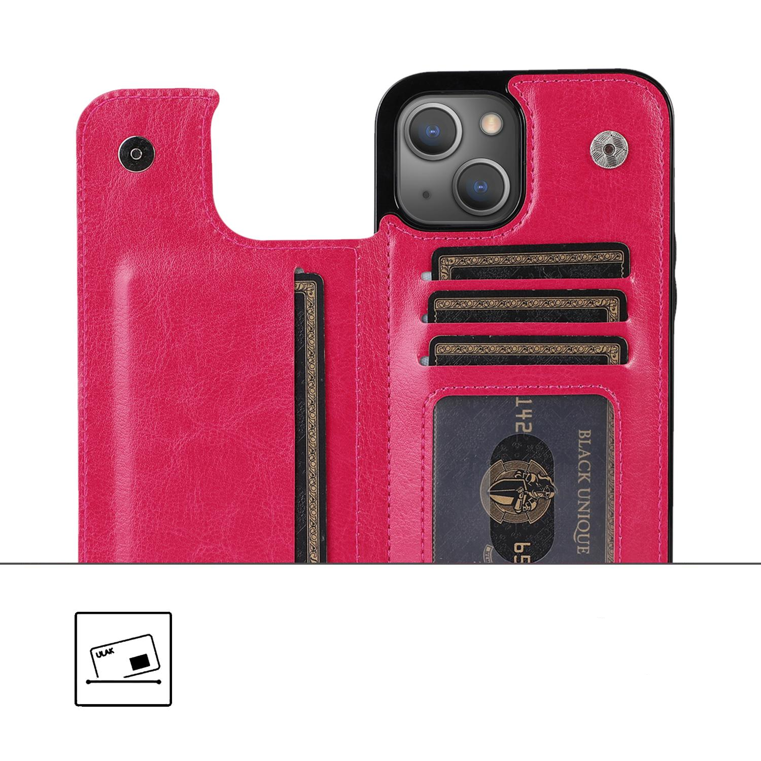 iPhone 14 Hybrid Leder Hülle mit Kartenfach   Kickstand Aufsteller - Pink