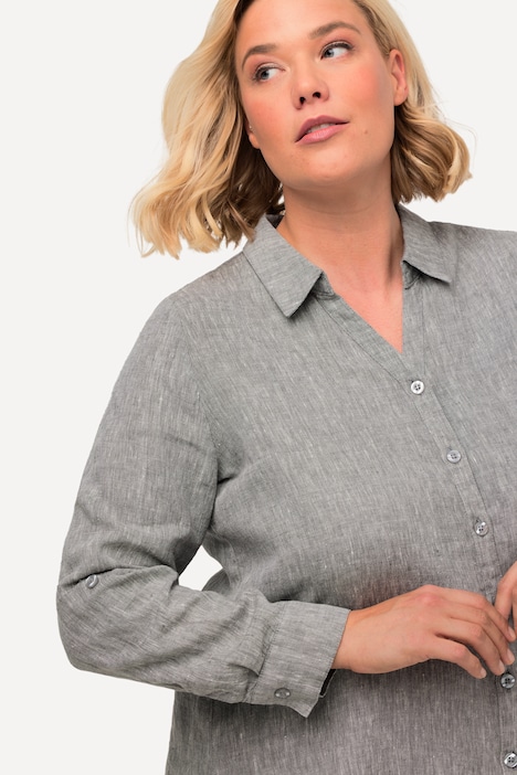 Bluse, Leinen, offener Kragen, Langarm