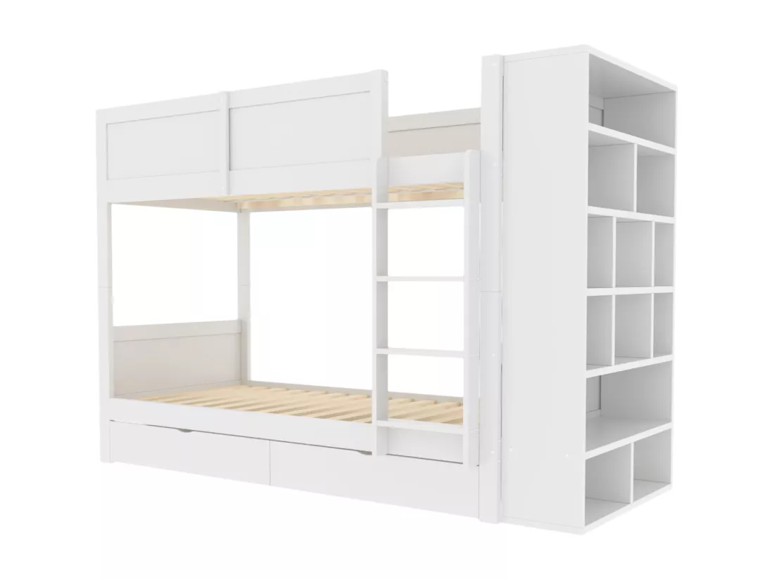 lit superposé 90 x 200 cm,lit enfant avec meuble de rangement, deux tiroirs de rangement, sommier à lattes,blanc