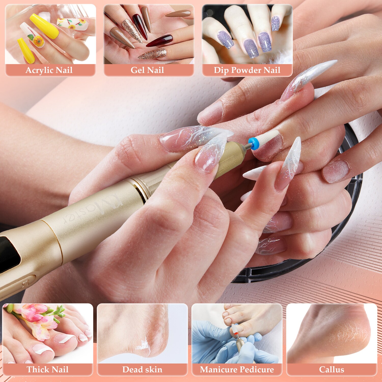 JCMaster Nagelfräser für Gelnägel Acrylnägel, 2200mAh Powerbank , USB Ausgang, LED-Display,Max 25000RPM, mit Bohrer-Set