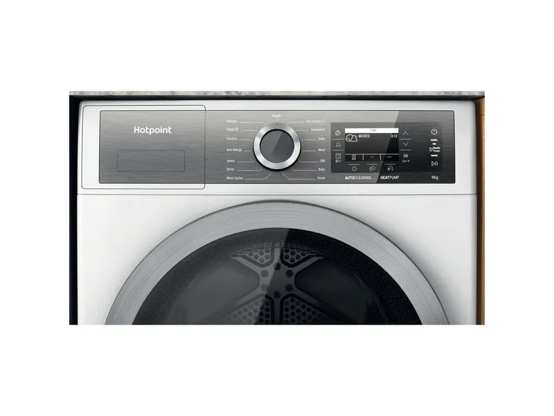 Hotpoint H8 D94WB EU, Fritstående, Front-læsning, Varmepumpe, Hvid, Dreje, Berøring, Højre