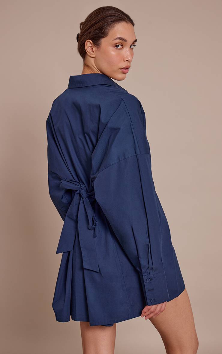 Bleu Marine Robe Chemise À Manches Longues Avec Détail De Lien Dans Le Dos