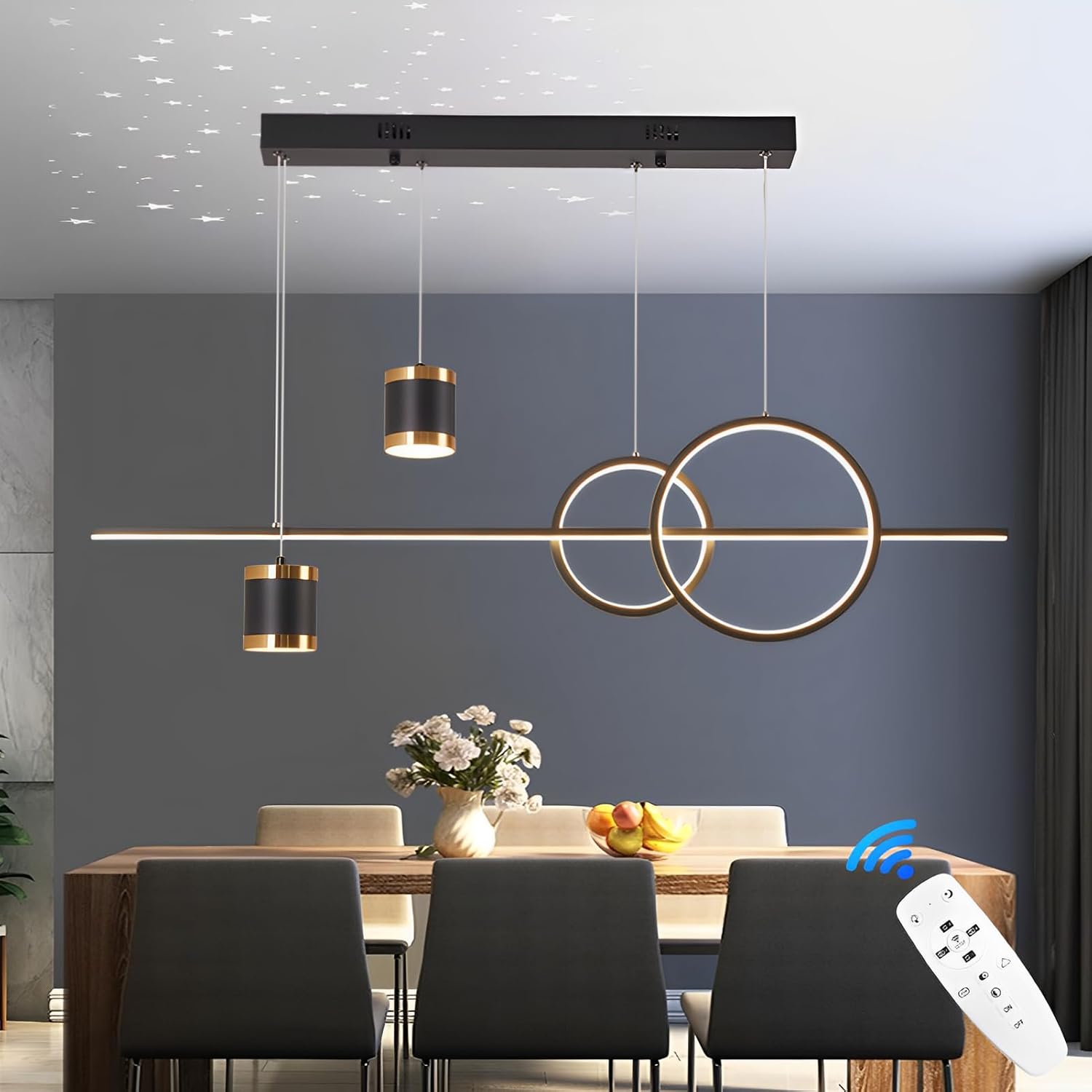 LED Pendelleuchte Esstisch Hängelampe Wohnzimmer Modern 49W Sternenhimmel Konvergiert Kronleuchter Dimmbare Hängeleuchte mit Fernbedienung Esszimmerlampe 120cm Höhenverstellbar,Schwarze