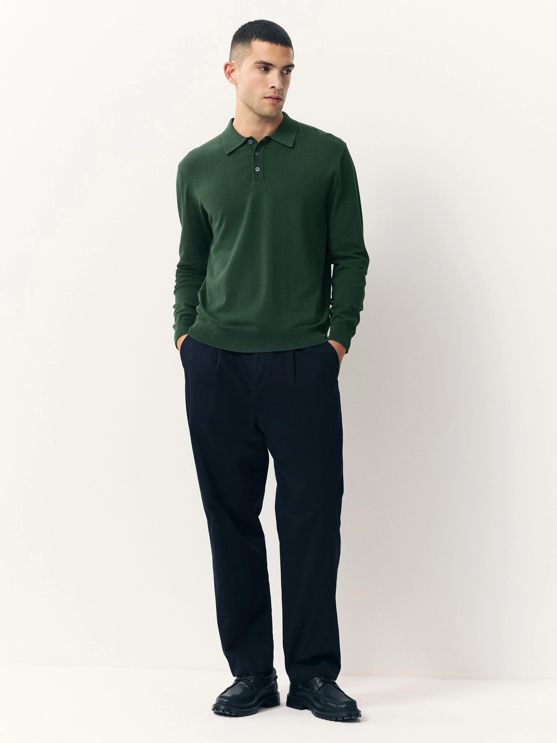 Donkergroen - Normale Pasvorm - Katoenrijk gebreid poloshirt met lange mouwen