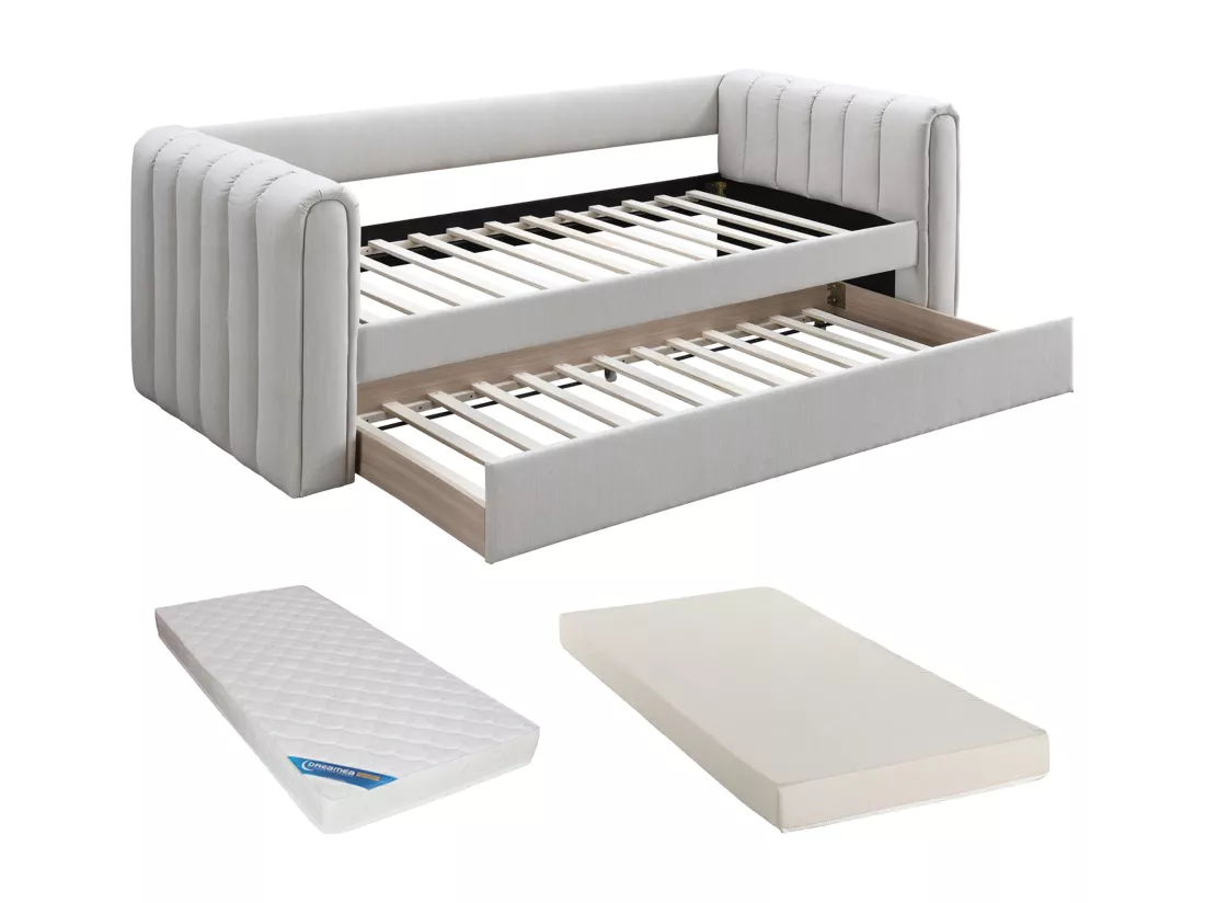 Lit gigogne 90 x 190 cm - Tissu - Beige + Matelas - SAHONA