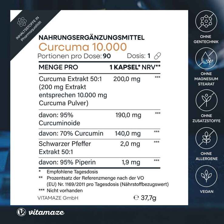 Curcuma 10.000 + Piperin hochdosiert vegan Kapseln, 90 St
