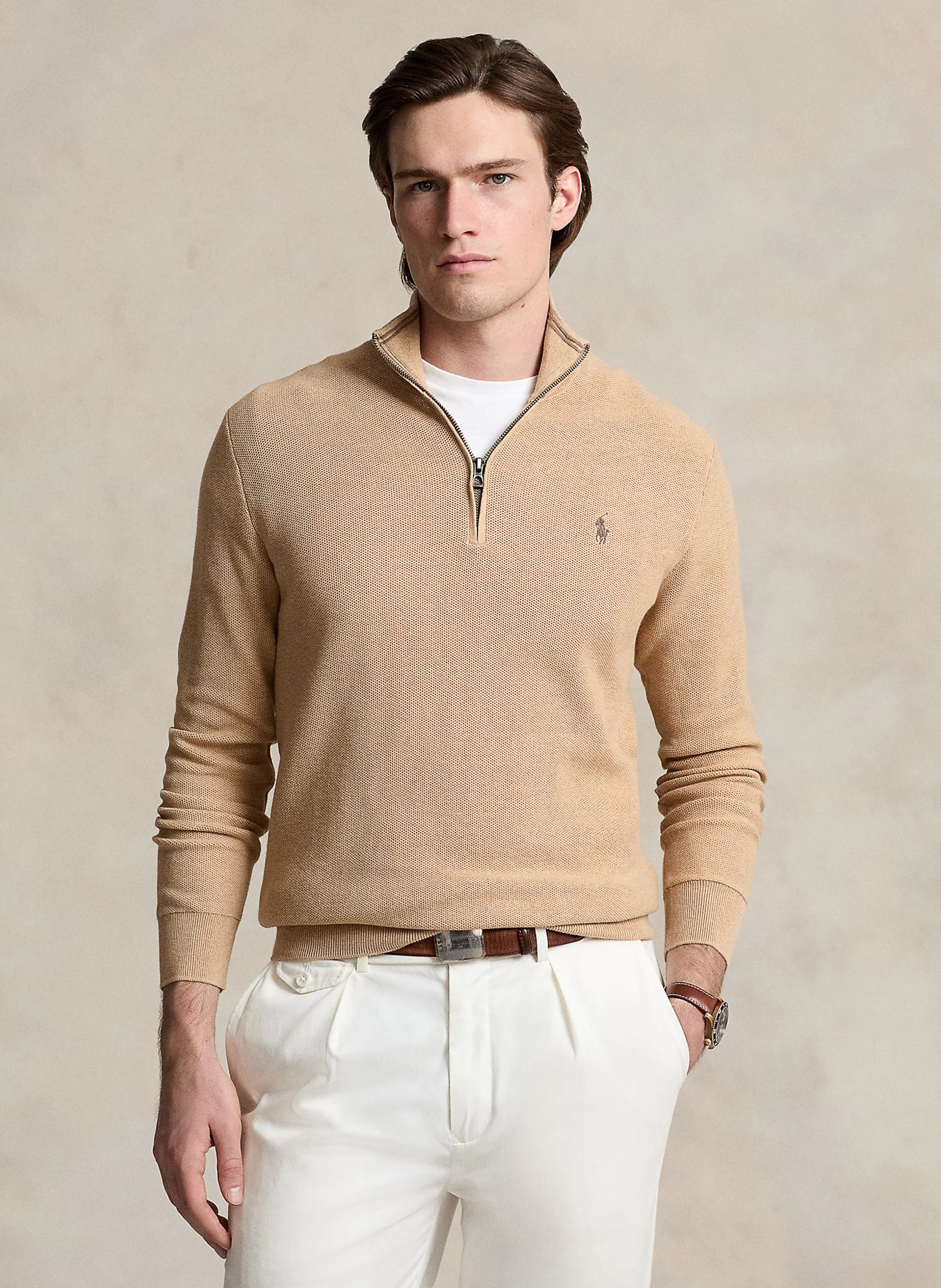 Pull col montant zippé en coton piqué | Beige