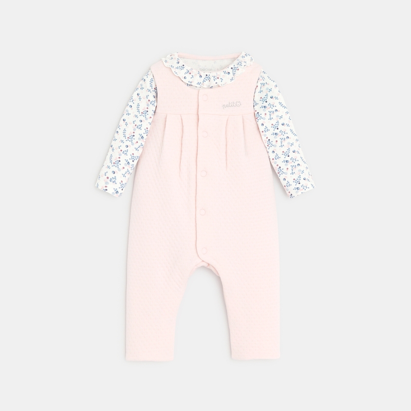 Salopette coton quilté et body fleuri rose naissance