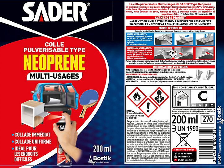 Colle Multi-usages Sader Pulvérisable type Néoprène Aérosol 200 ml