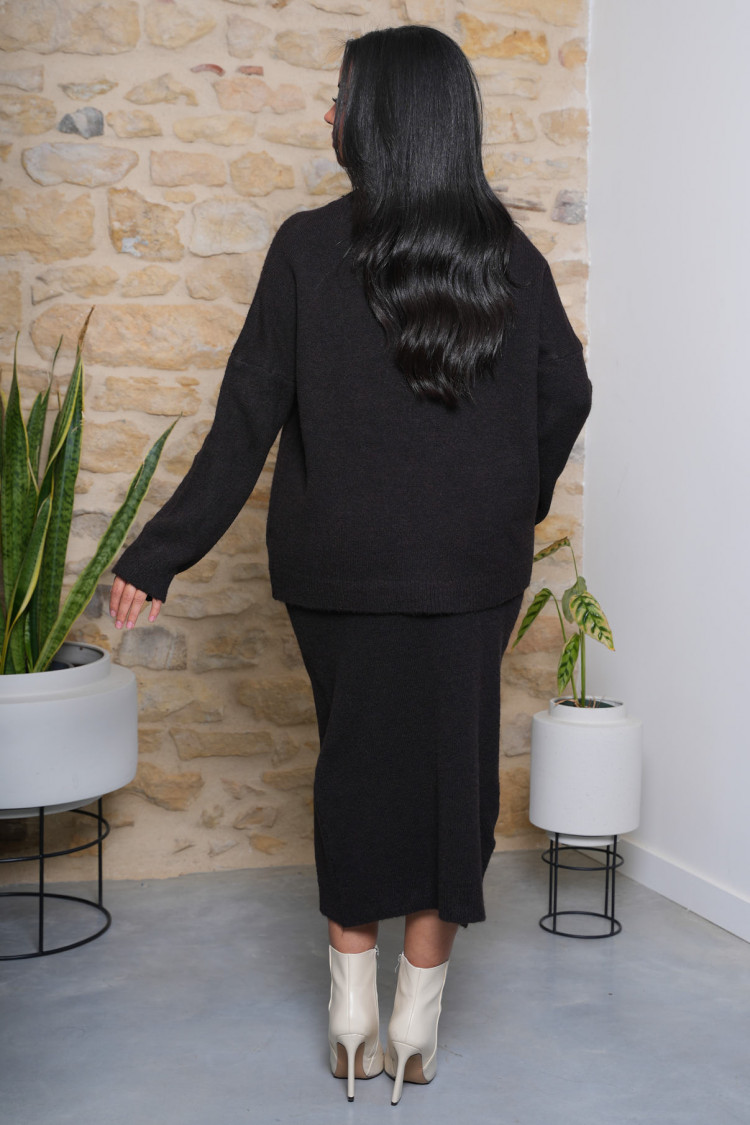 Ensemble 2 pièces pull + jupe marron texturée