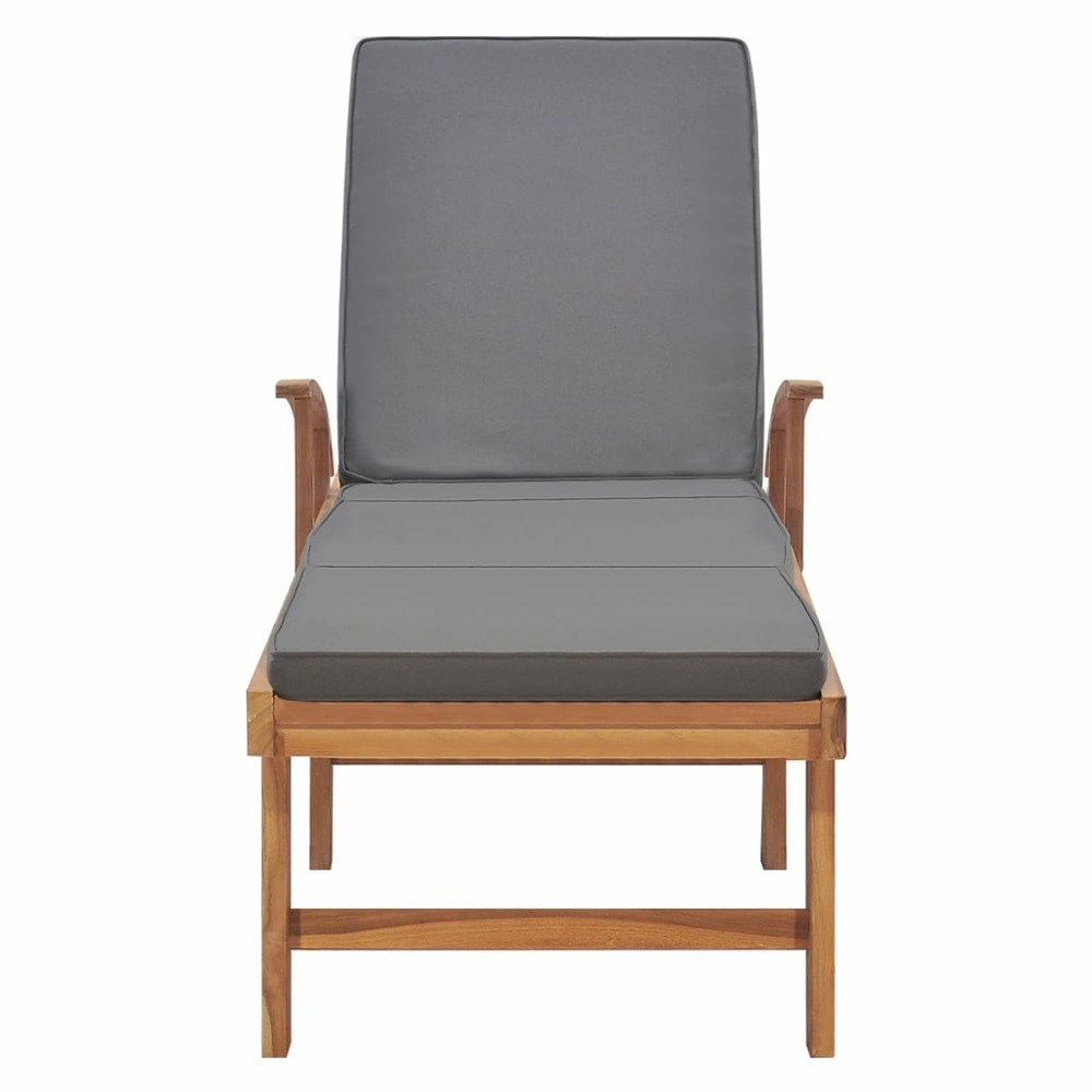 Transat chaise longue bain de soleil lit de jardin terrasse meuble d'extérieur avec coussin bois de teck solide gris foncé 02