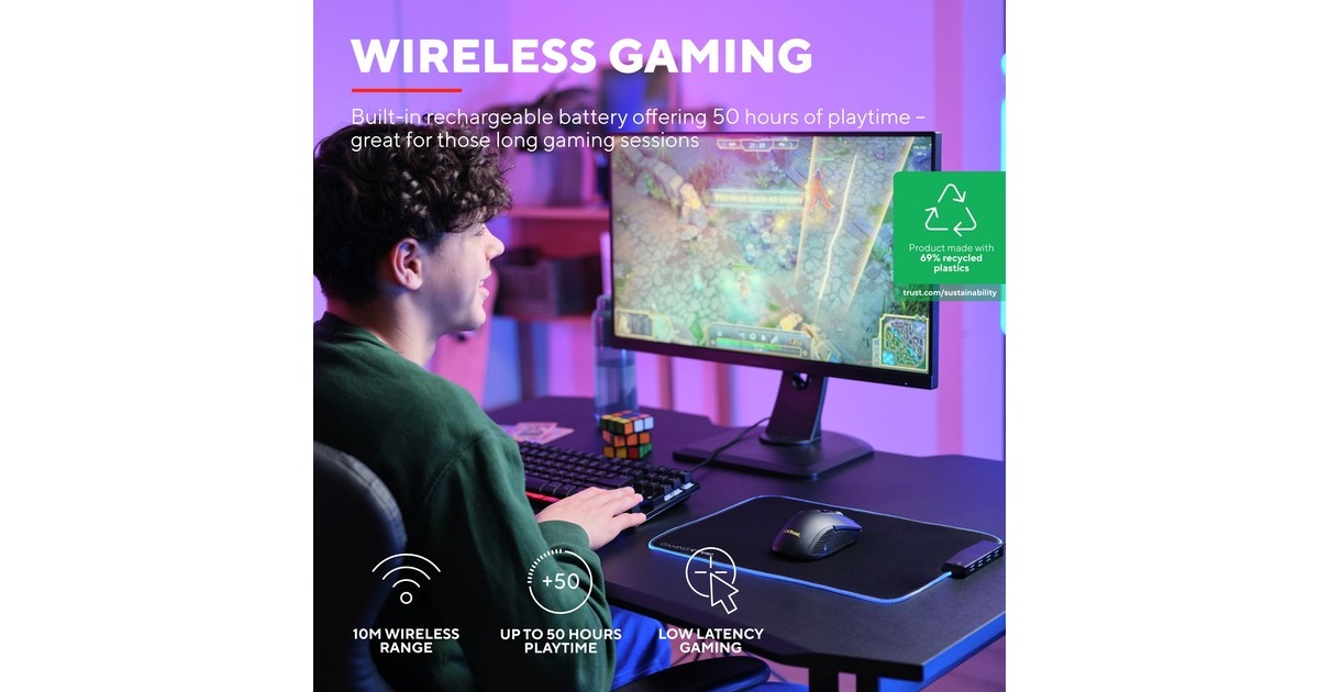 TrustGXT 923  Ybar Wireless gaming muis  (Zwart, RGB, 7200 dpi)