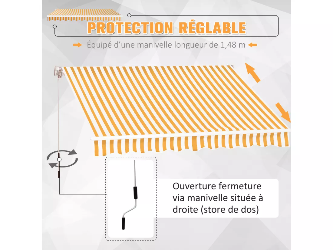 Store banne manuel rétractable aluminium polyester imperméabilisé 3L x 2,5l m orange blanc rayé