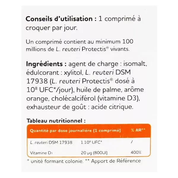 BioGaia Vitamina D Lactobacillus Reuteri Protectis Sabor Laranja 30 comprimidos