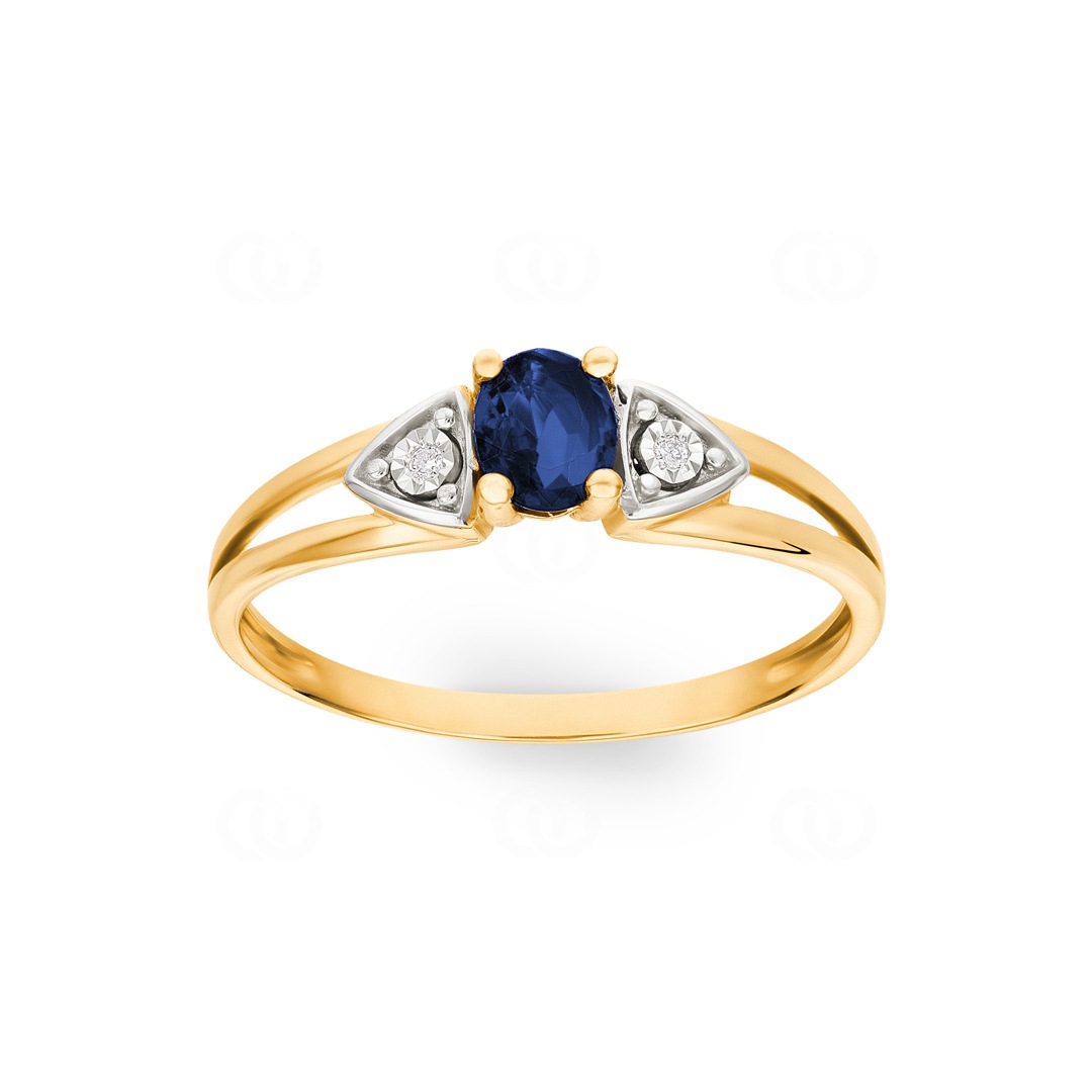 Damenring 750/18 K Gelbgold mit Saphir oval & Diamanten 0.01ct.