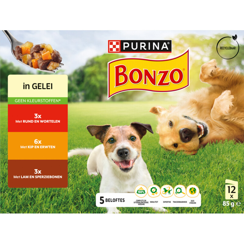 Bonzo Maaltijdzakjes in gelei rund, kip, lam