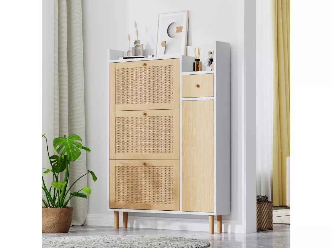 Meuble à chaussures 3 portes abattants et 1 tiroir dim. 90L x 17L x 125H cm aspect bois effet cannage rotin coloris blanc + chêne
